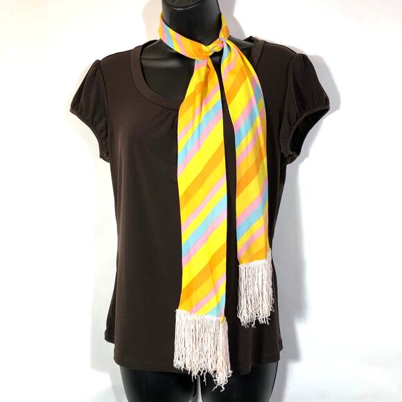 Striped Scarf in Pink Yellow Blue Orange, Retro Vintage Fringed Pastel Office - Picture 9 of 10